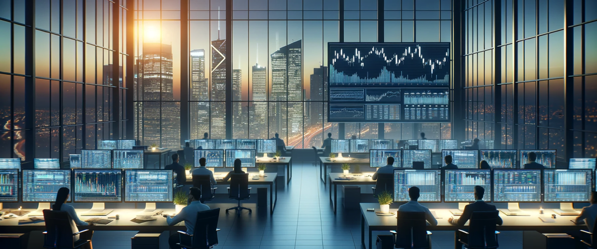 DALL·E 2024-01-16 14.37.59 - A dusk scene of a trading floor, windows showing the city skyline, traders finalizing deals, ambient office lighting. Relaxed yet focused atmosphere,